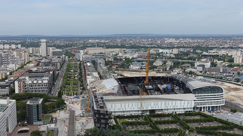 La Défense Arena and the surrounding Nanterre neighbourhood viewed from above.