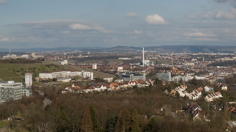A panoramic view over Killesberg park and Stuttgart from the viewing tower.